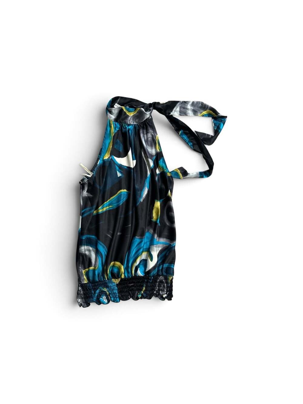Heart Soul Halter Top Size L Blue Abstract Satin Tie Neck